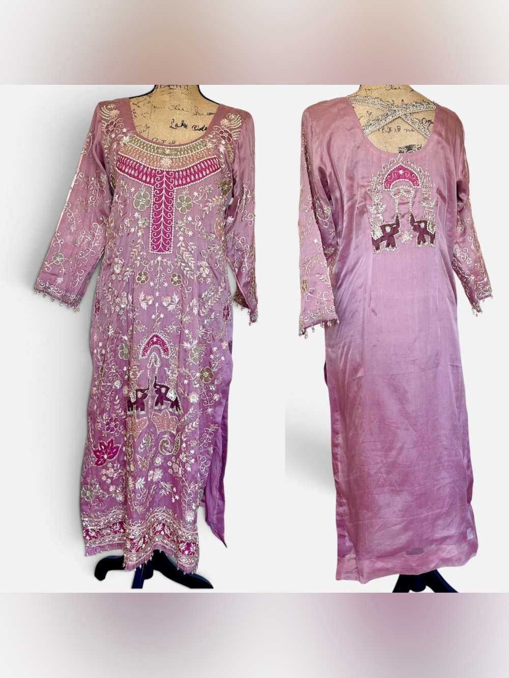 Handmade Indian beaded embroidered pink elephant tunic kurta kameez small medium